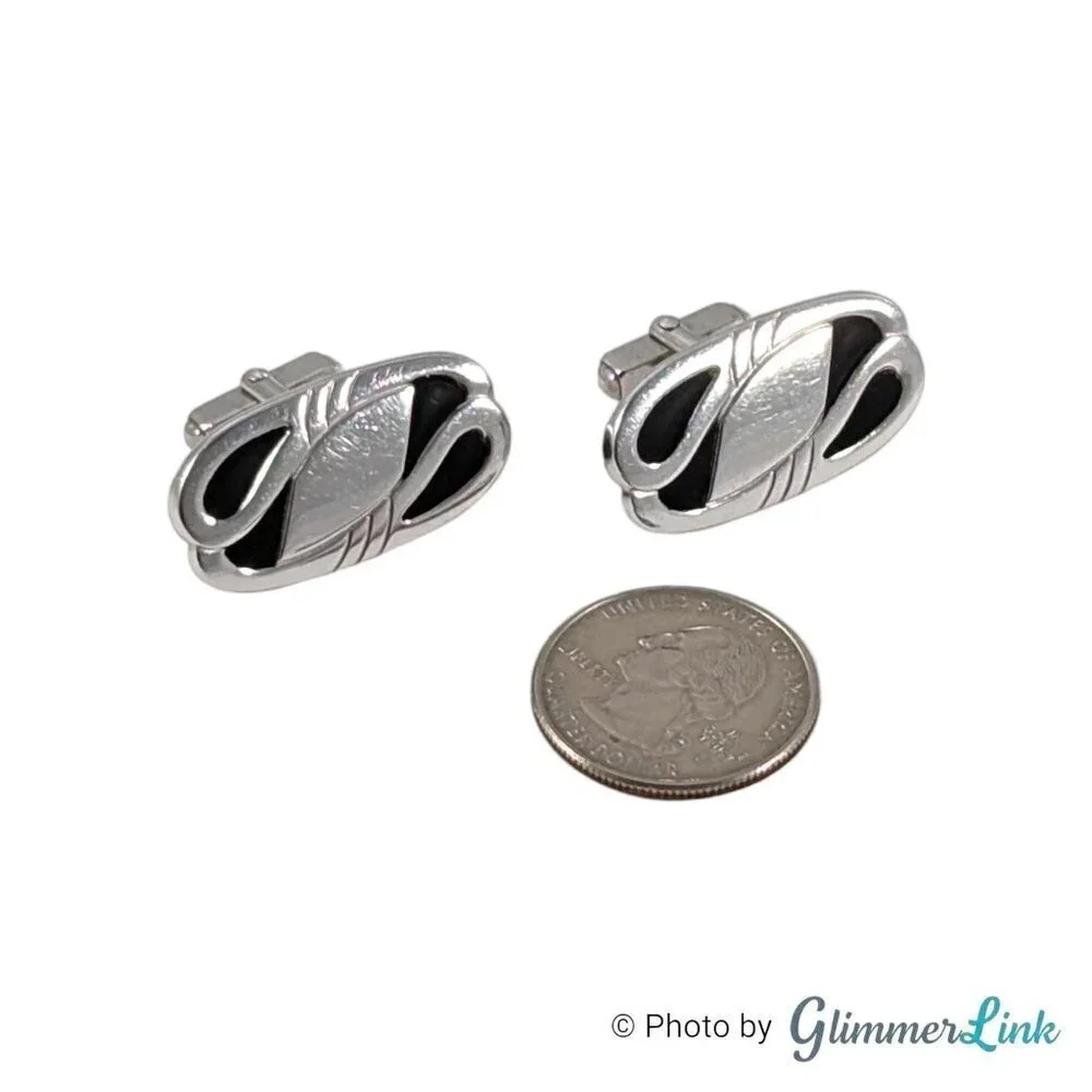 Vintage Anson Oblong Black Enamel Engravable Swirl Silver Tone Cufflinks